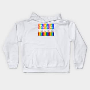 'World of Color' typography on a rainbow colored background above rainbow coloring crayons. Kids Hoodie